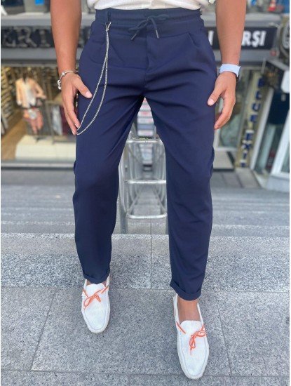 7055-Dont Panic Lacivert Atlas Kumaş Double Paça Zincir Detaylı Pantolon