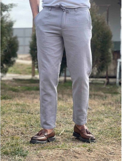 7078-LCST Rahat Kesim Gri Keten Pantolon