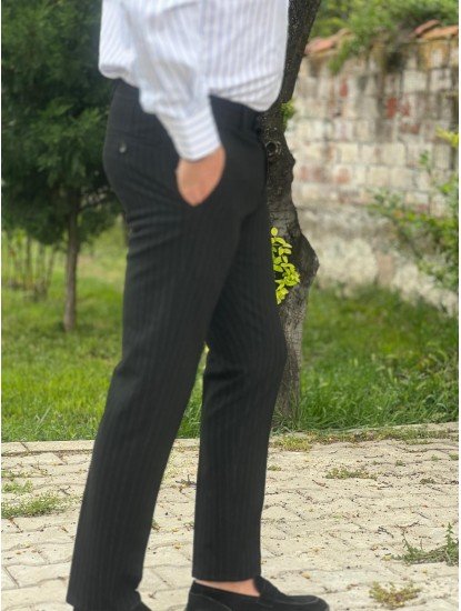 7085-Score Siyah Çizgili Gofre Kumaş Slim Fit Pantolon