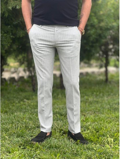 7086-Score Gri Çizgili Gofre Kumaş Slim Fit Pantolon