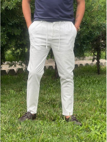 7098-NTWRK Beyaz Regular Fit Keten Pantolon