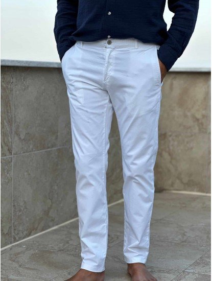 7111-Strellson Düz Beyaz Rengi Slim Fit Pantolon