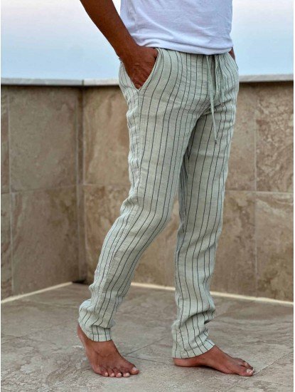 7117-BYMN Comfort Fit Yeşil Çizgili Müslin Pantolon 