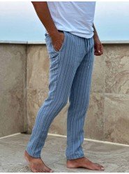 7118-BYMN Comfort Fit Mavi Çizgili Müslin Pantolon 