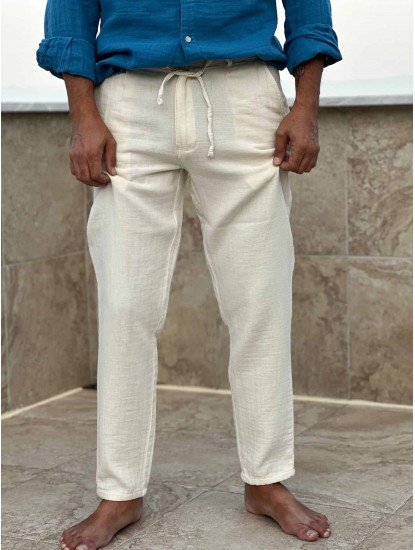 7124-BYMN Comfort Fit Krem Müslin Pantolon 