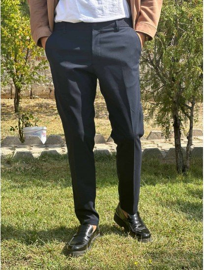 7138-Zara Lacivert Bel Detaylı Slim Fit Pantolon