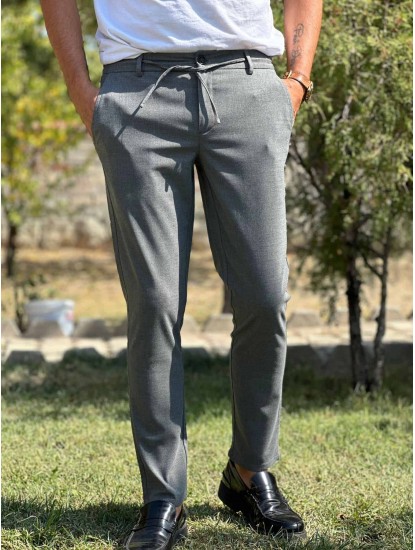 7142-Zara Gri Beli Lastikli Fermuar Detaylı Pantolon