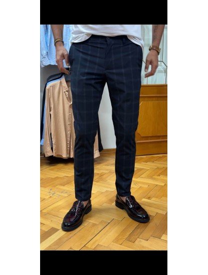 7148-Zara Lacivert Kareli Fermuar Detaylı Pantolon