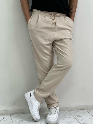 8309-VLBQN Kemik Rengi Keten Pantolon