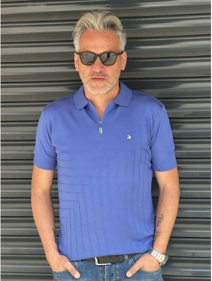 8489-Zilli Saks Mavisi Yarım Fermuarlı Polo Yaka Kısa Kollu Slim Fit Merserize
