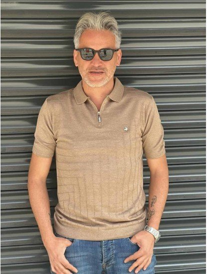 8490-Zilli Açık Kahve Yarım Fermuarlı Polo Yaka Kısa Kollu Slim Fit Merserize