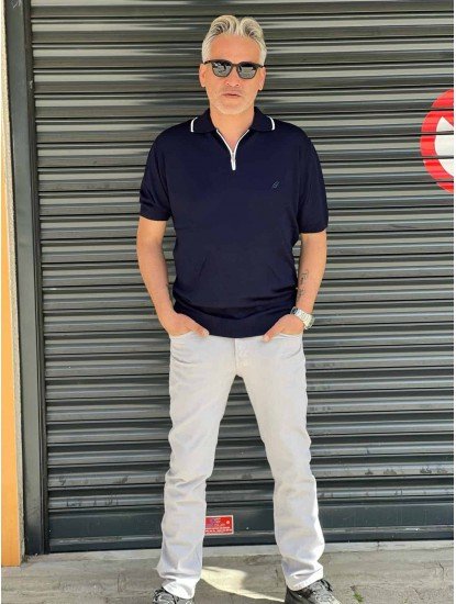 8493-Brioni Lacivert Yaka Şeritli Yarım Fermuarlı Polo Yaka Kısa Kollu Slim Fit Merserize