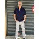 8492-Brioni Lacivert Yaka Şeritli Yarım Fermuarlı Polo Yaka Kısa Kollu Slim Fit Merserize