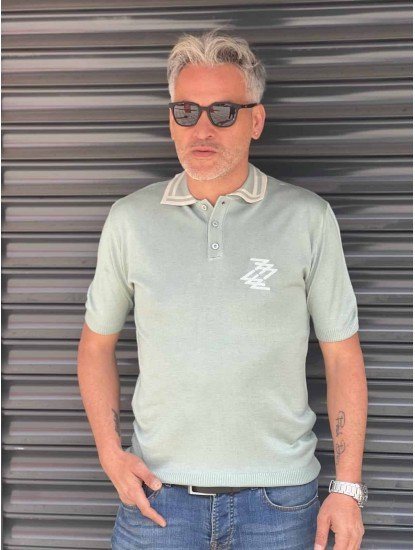 8497-Zilli Su Yeşili Yanı Nakışlı  Düğmeli Polo Yaka Kısa Kollu Slim Fit Merserize