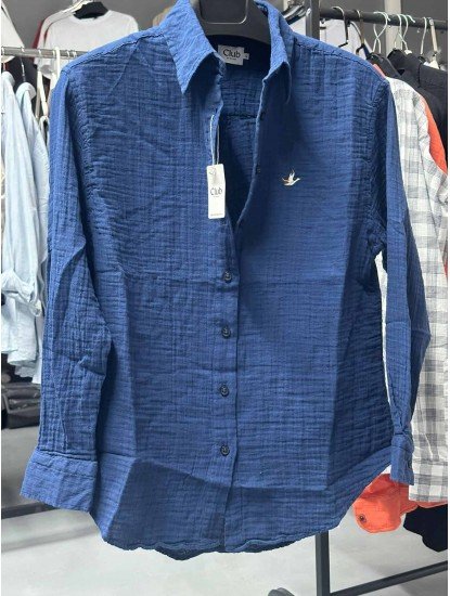 8626-BYMN Lacivert Kadın Comfort Fit Müslin Gömlek