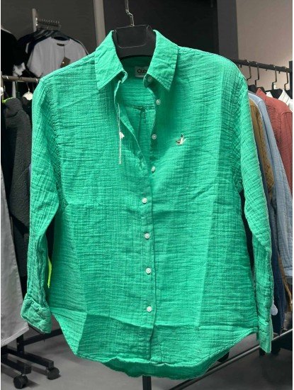 8627-BYMN Yeşil Kadın Comfort Fit Müslin Gömlek