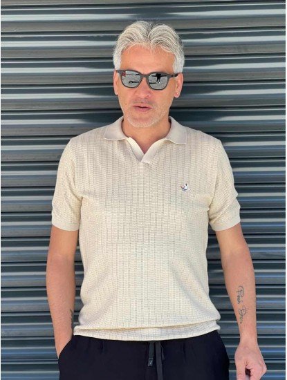 8532-BYMN Bej Desenli Polo Yaka Kısa Kollu Merserize