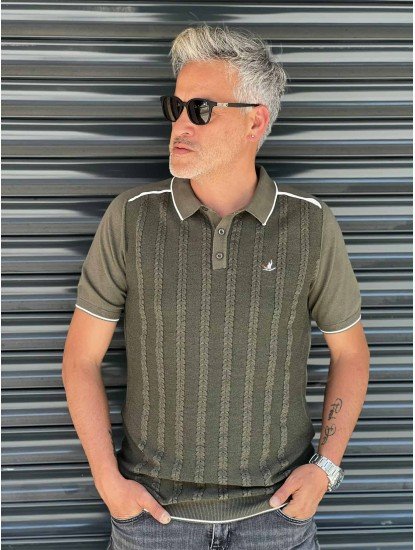 8546-BYMN Haki Örgü Model  Polo Yaka Triko