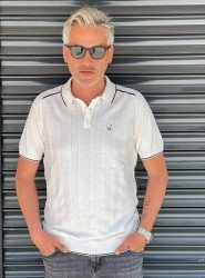 8549-BYMN Beyaz Örgü Model  Polo Yaka Triko