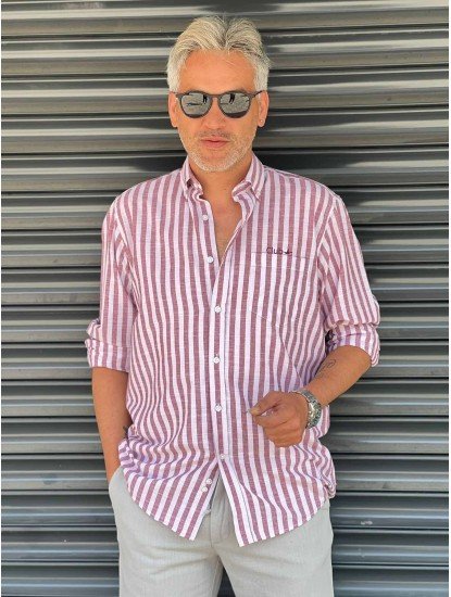 8573-BYMN Krem Pembe Çizgili Comfort Fit Gömlek