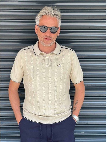 8576-BYMN Bej Örgü Model Kısa Kollu Rahat Kalıp Triko