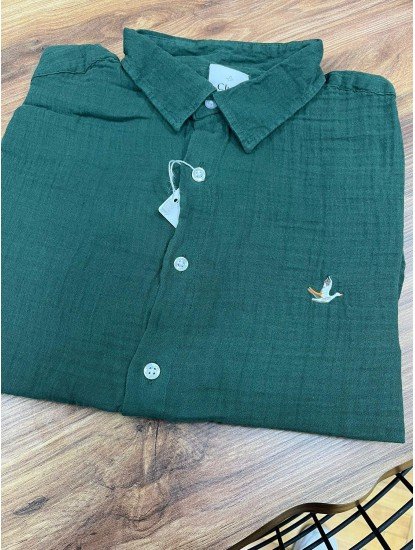8596-Bymn Koyu Yeşil Müslin Comfort Fit Gömlek