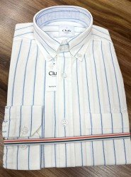 8594-BYMN Beyaz Mavi Çizgili Comfort Fit Keten Gömlek