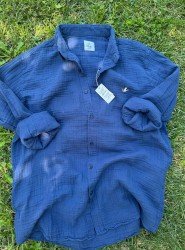 8597-Bymn Lacivert Müslin Comfort Fit Gömlek