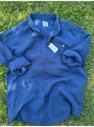 8597-Bymn Lacivert Müslin Comfort Fit Gömlek