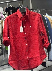 8621-BYMN Kırmızı Kadın Comfort Fit Müslin Gömlek