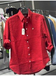 8621-BYMN Kırmızı Kadın Comfort Fit Müslin Gömlek