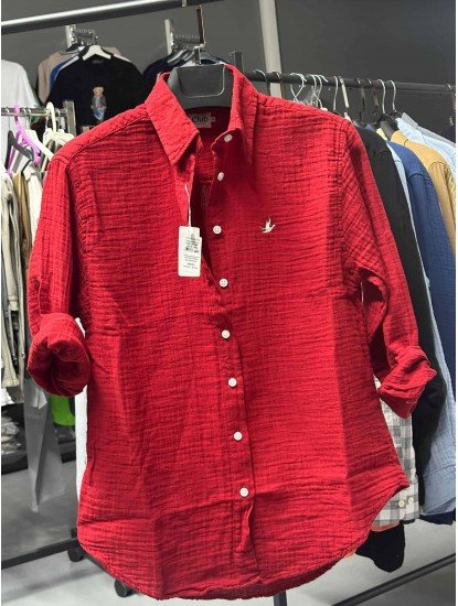 8621-BYMN Kırmızı Kadın Comfort Fit Müslin Gömlek