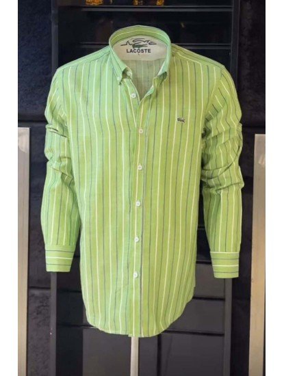 8645- LCS Yeşil Çizgili Pamuk Keten Slim Fit Gömlek