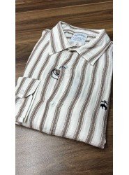 8703- Brooks Brothers Regular Fit Ekru-Kahve Çizgili Müslin Gömlek