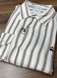 8703- Brooks Brothers Regular Fit Ekru-Kahve Çizgili Müslin Gömlek