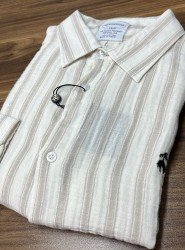 8704- Brooks Brothers Regular Fit Ekru-Krem Çizgili Müslin Gömlek