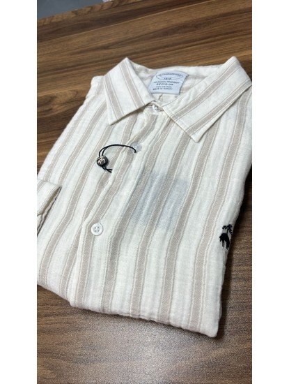 8704- Brooks Brothers Regular Fit Ekru-Krem Çizgili Müslin Gömlek