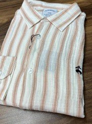 8705- Brooks Brothers Regular Fit Ekru-Somon Çizgili Müslin Gömlek
