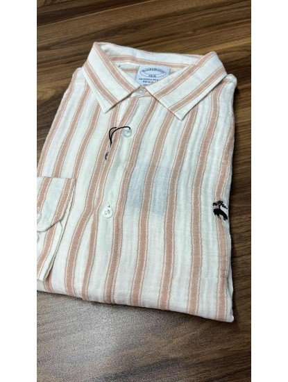 8705- Brooks Brothers Regular Fit Ekru-Somon Çizgili Müslin Gömlek