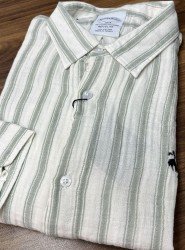8706- Brooks Brothers Regular Fit Ekru-Yeşil Çizgili Müslin Gömlek
