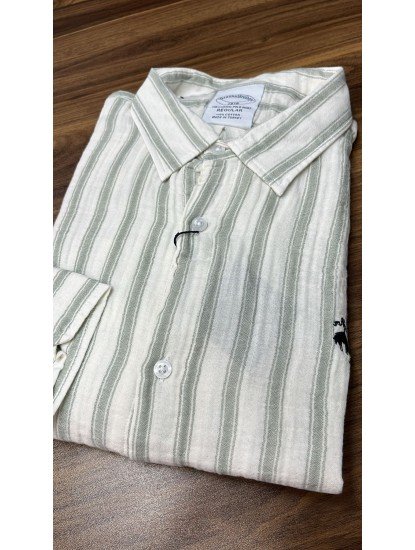 8706- Brooks Brothers Regular Fit Ekru-Yeşil Çizgili Müslin Gömlek
