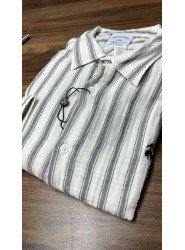 8707- Brooks Brothers Regular Fit Ekru-Gri Çizgili Müslin Gömlek