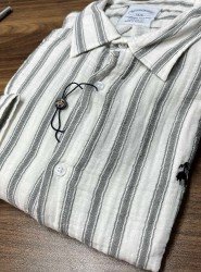 8707- Brooks Brothers Regular Fit Ekru-Gri Çizgili Müslin Gömlek
