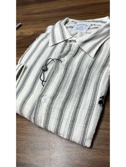 8707- Brooks Brothers Regular Fit Ekru-Gri Çizgili Müslin Gömlek