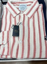 8708- Brooks Brothers Regular Fit Ekru-Kırmızı Çizgili Müslin Gömlek