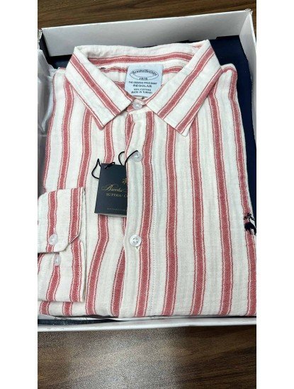 8708- Brooks Brothers Regular Fit Ekru-Kırmızı Çizgili Müslin Gömlek