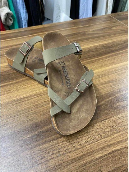 8730- Birkenstock Haki Yeşil Bantlı Kadın Terlik