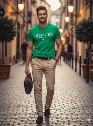8735-TMY Yeşil Önü Baskılı Bisiklet Yaka T-Shirt