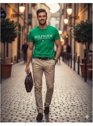 8735-TMY Yeşil Önü Baskılı Bisiklet Yaka T-Shirt
