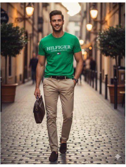 8735-TMY Yeşil Önü Baskılı Bisiklet Yaka T-Shirt